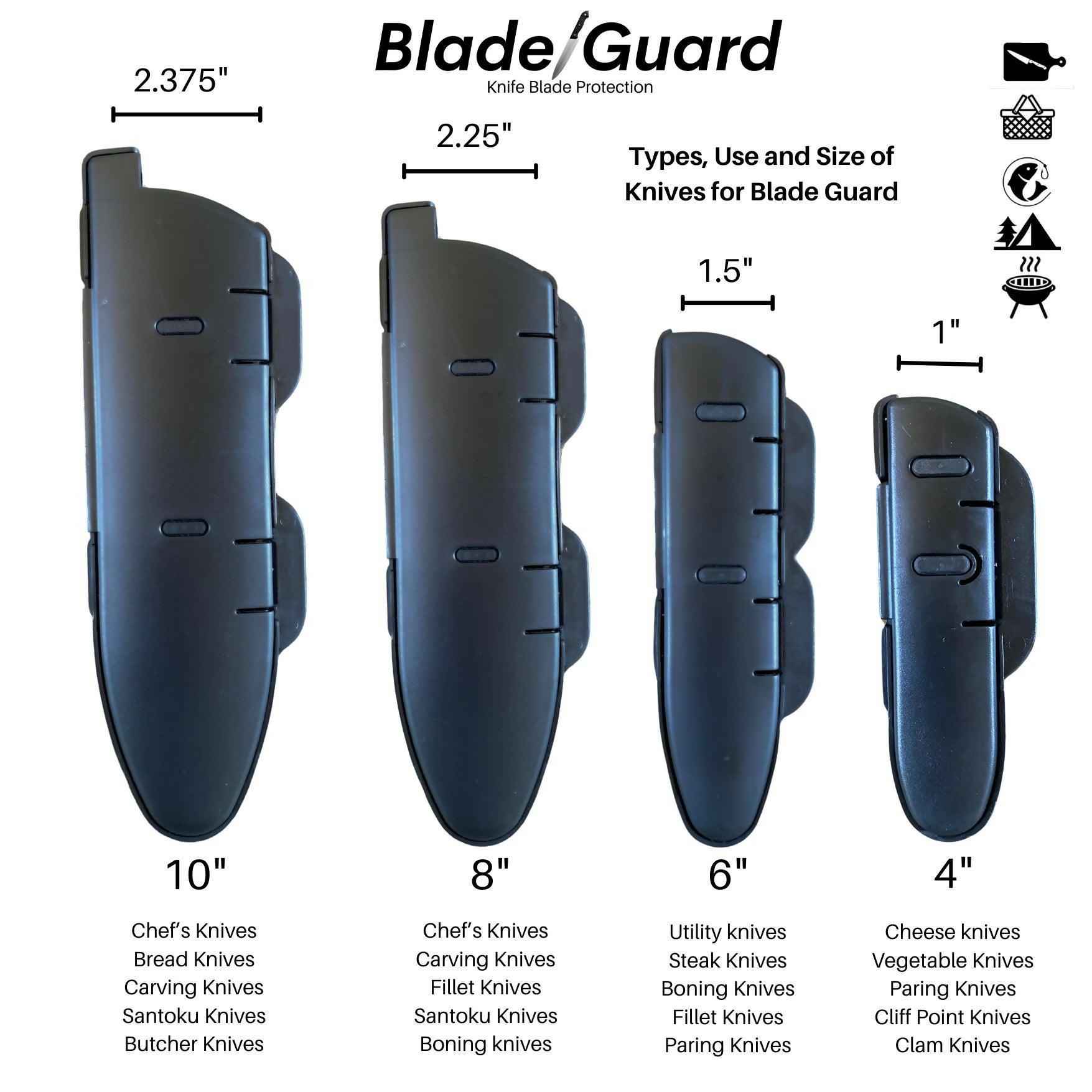 Blade Guard Secure Knife Blade Edge Protection Cover, Sheath, 4PK Set (4in, 6in, 8in, 10in)