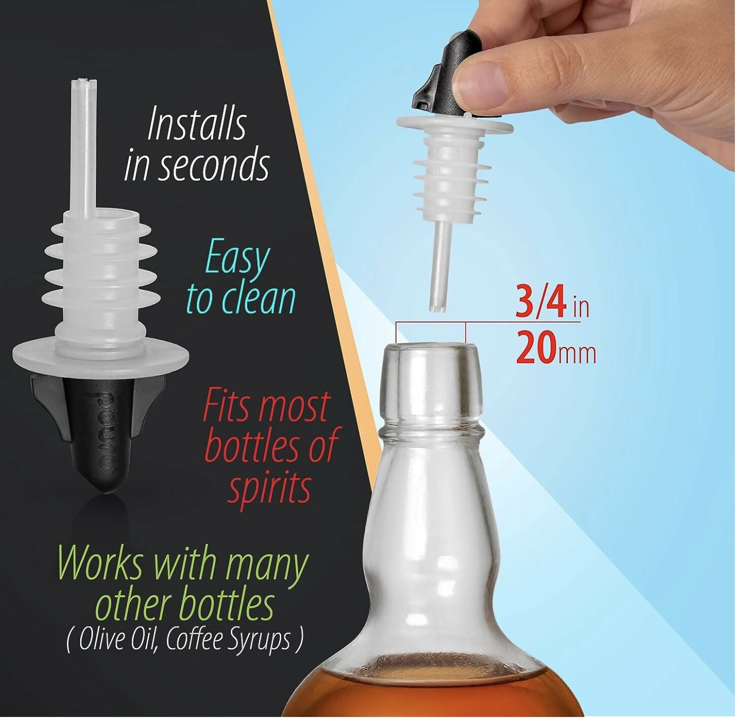 POURO Twist & Pour Resealable Bottle Pouring Spouts for Kitchen and Bar