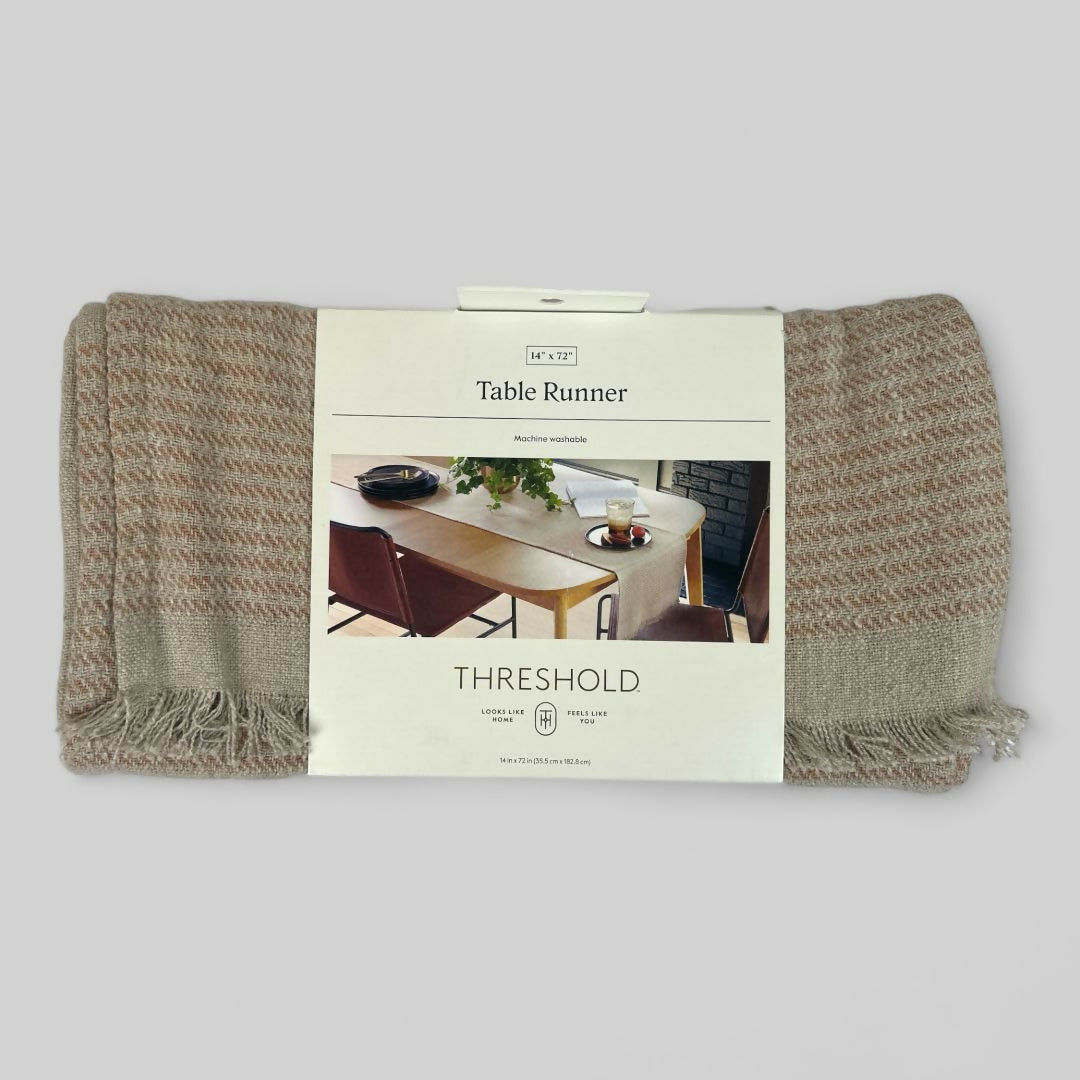 14x72 Textured Striped Linen Table Runner with Hemming Beige - Threshold