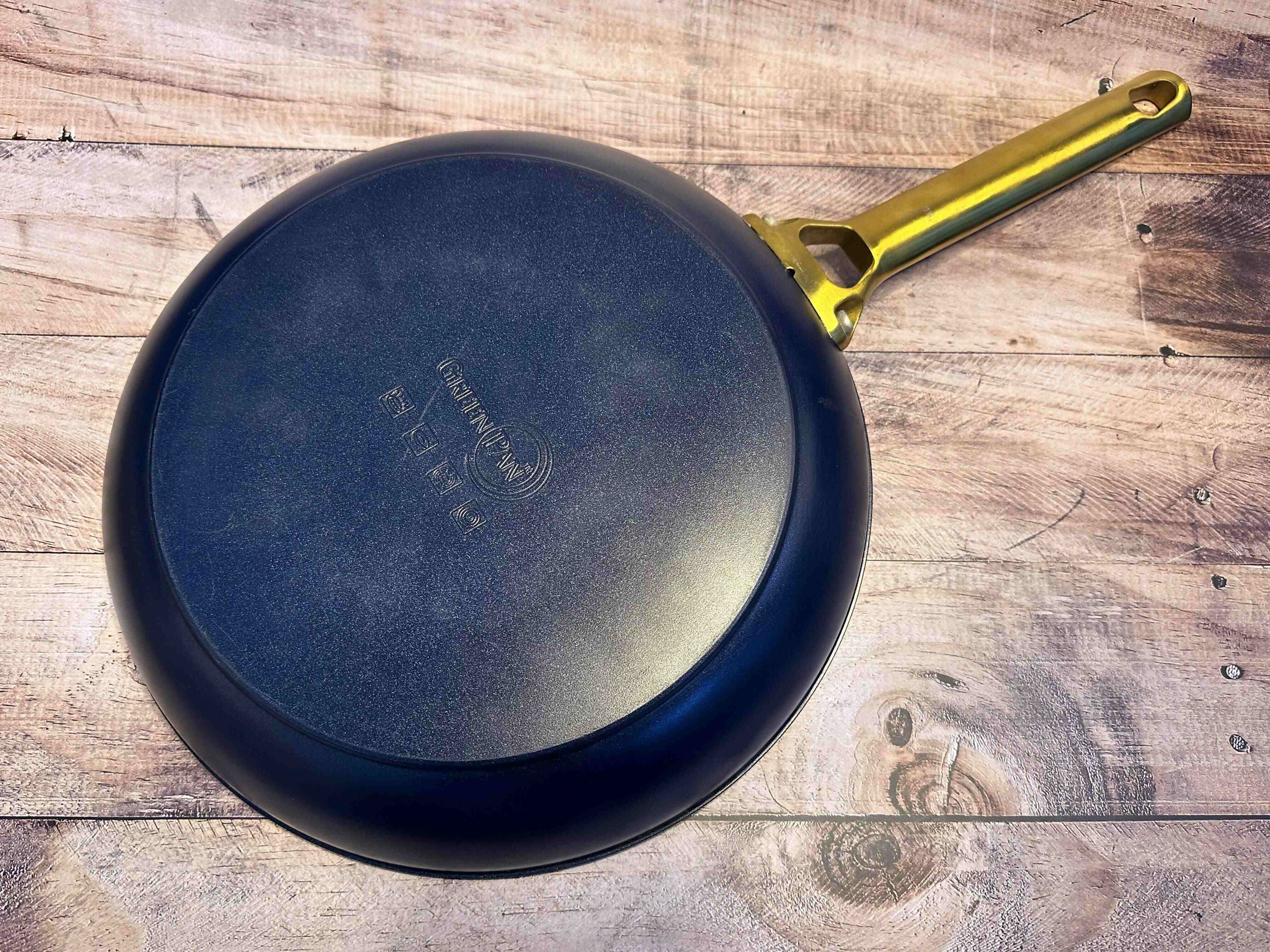 Used Blue and Gold GreenPan Reserve 11" Fry Pan, bottom of pan