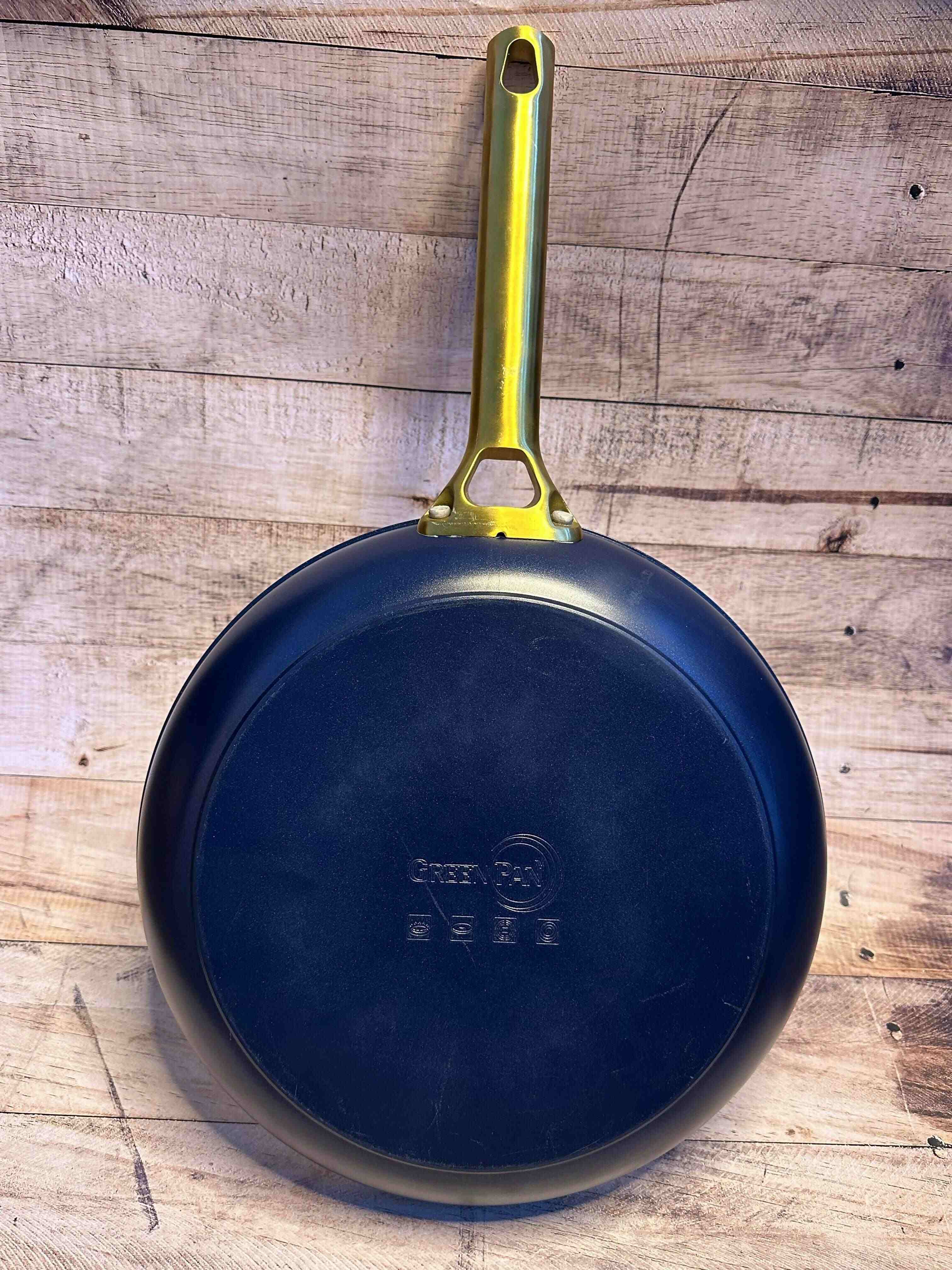 Used Blue and Gold GreenPan Reserve 11" Fry Pan, bottom of pan and handle