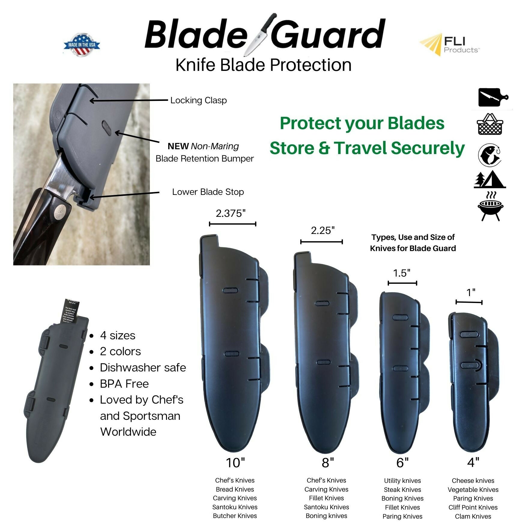 Blade Guard Secure Knife Blade Edge Protection Cover, Sheath, 4PK Set (4in, 6in, 8in, 10in)