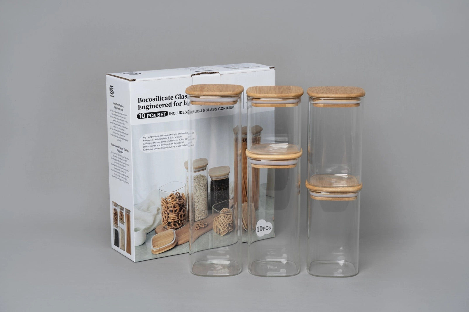 Eco Bamboo Lid Glass Canister Set | 5 Piece Set | Genicook Products