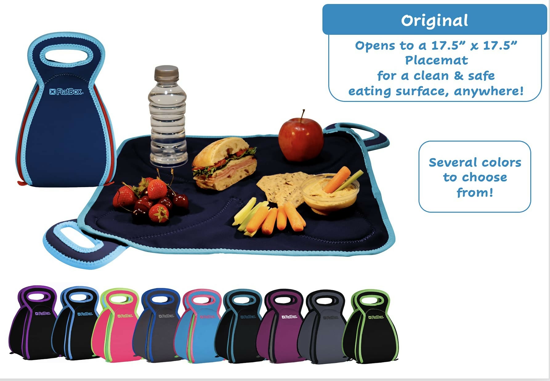 FlatBox Original Lunch Bag Tote Machine Washable Unzips Flat into a Placemat, Dark Grey/Blue