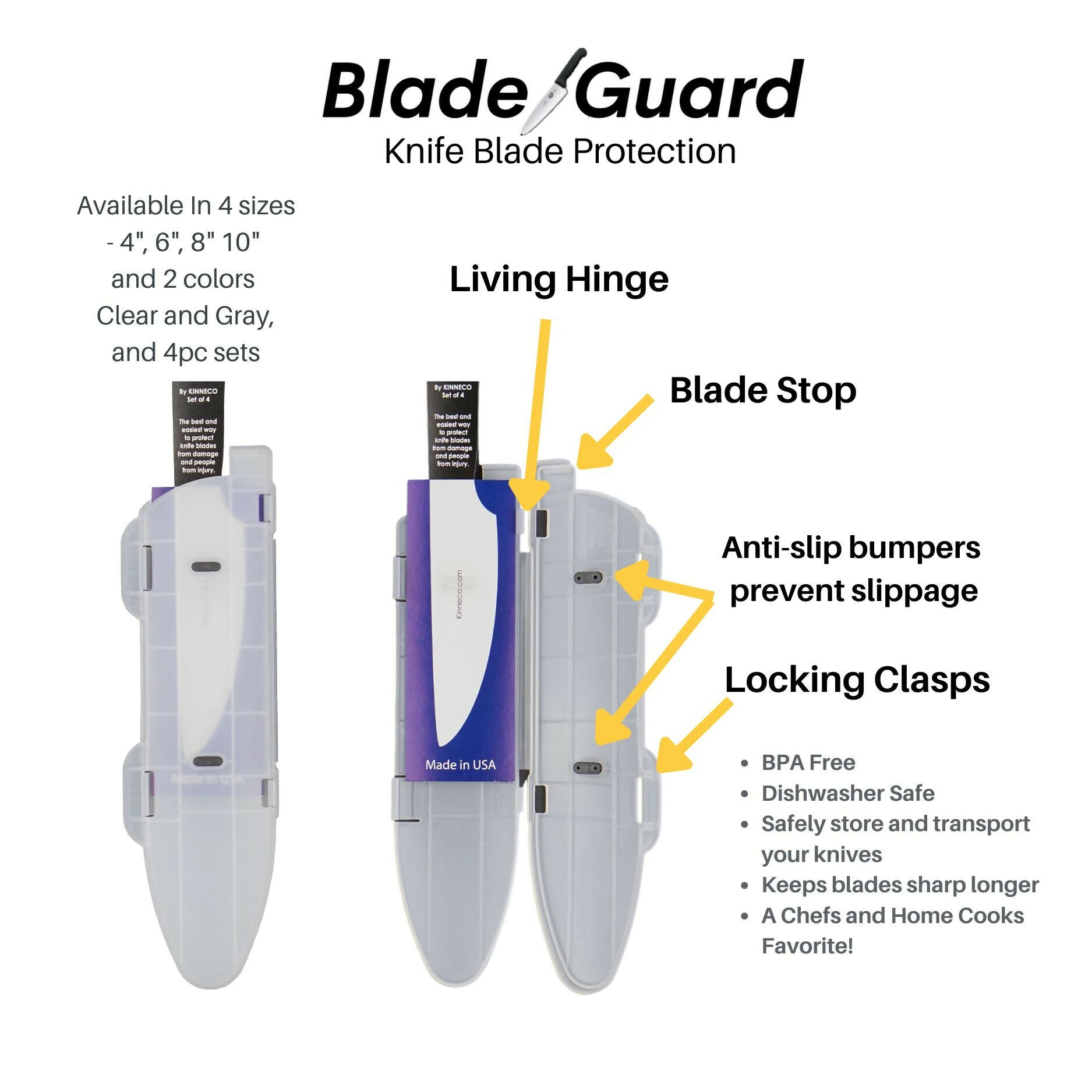 Blade Guard Secure Knife Blade Edge Protection Cover, Sheath, 4PK Set (4in, 6in, 8in, 10in)