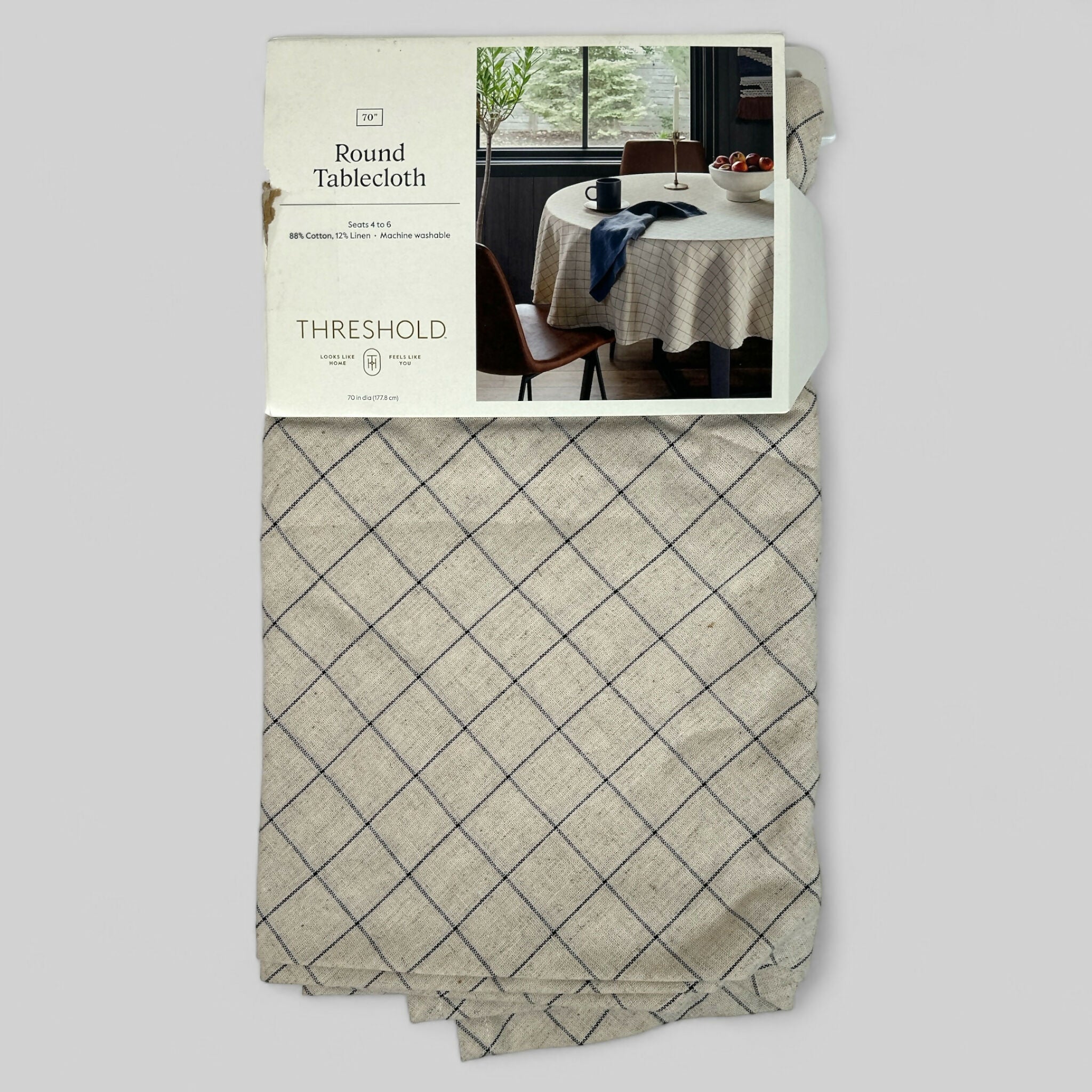 70 Round Windowpane Plaid Tablecloth Natural - Threshold